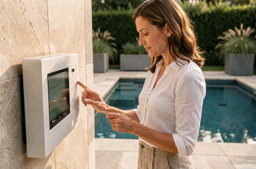 Femme réglant le thermostat d'un système de chauffage de piscine extérieure sur une terrasse moderne