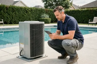 Technicien inspectant une pompe à chaleur installée au bord d'une piscine extérieure dans un jardin résidentiel