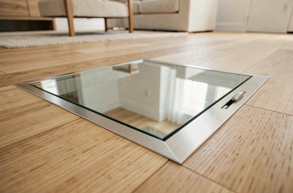 Gros plan sur une trappe en verre affleurante encastrée dans un plancher en chêne clair avec cadre en acier inoxydable et système d'ouverture discret dans un intérieur contemporain