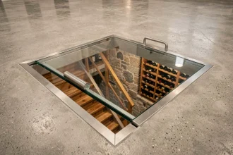 Trappe en verre pour cave ouverte sur un escalier en bois descendant vers une cave à vin en pierre, avec cadre en acier inoxydable brossé encastré dans un sol en béton poli