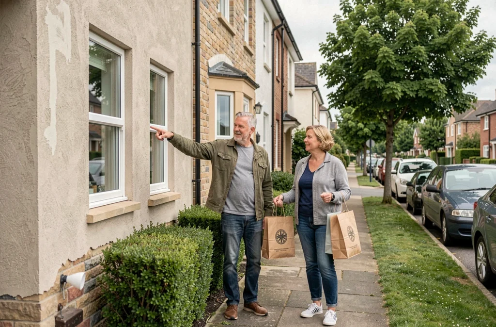 Deux voisins discutant par bouche-à-oreille devant une maison rénovée, échangeant des recommandations d'artisans pour des travaux de façade