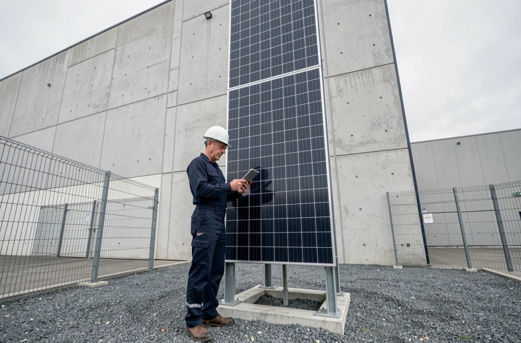 Technicien d'AB Énergies inspectant un parc de panneaux solaires au sol dans une zone industrielle en Loire-Atlantique