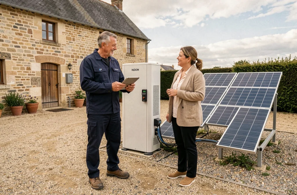 Technicien d'Actif Chauffage Vertavien présentant un système solaire et pompe à chaleur à une propriétaire dans une ferme en Loire-Atlantique