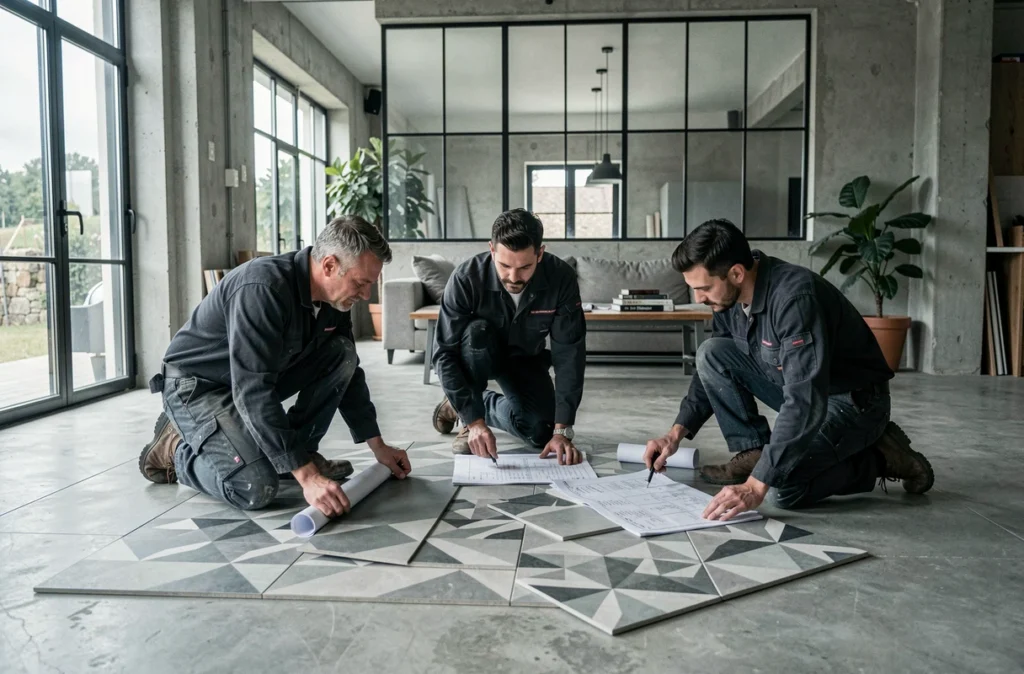 Équipe de carreleurs de l'Atelier 3, 4 & 5 travaillant sur une pose artistique de carreaux géométriques