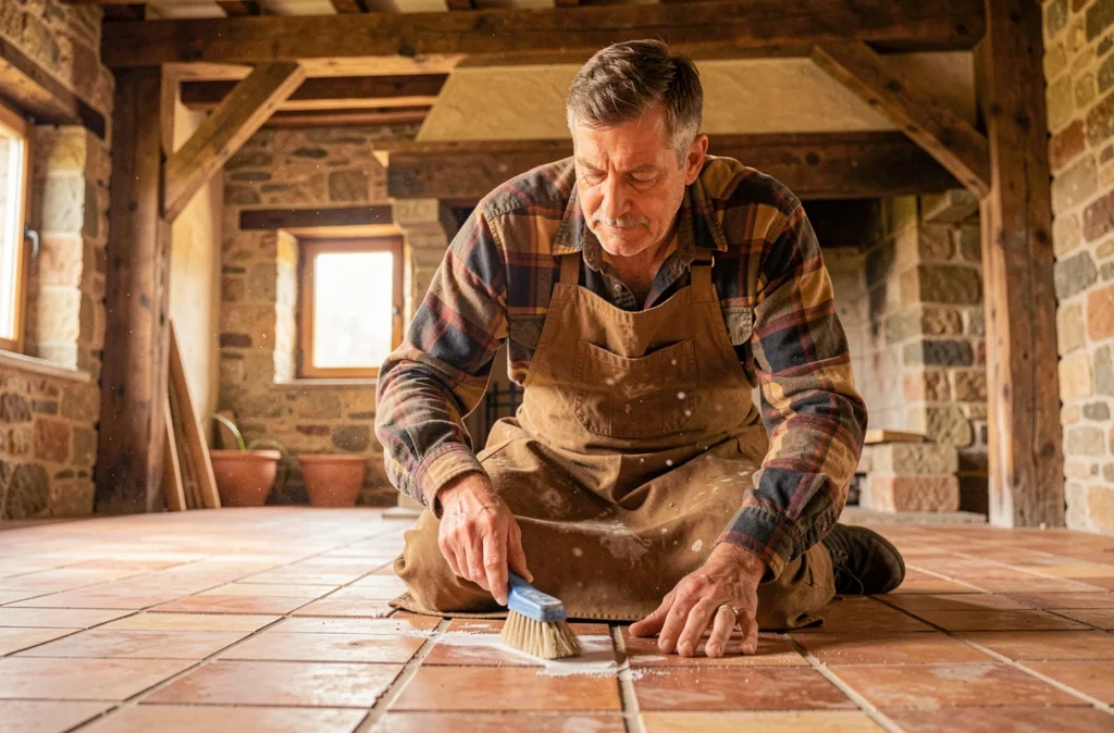 Spécialiste de Bâti Rural Carrelage restaurant un ancien sol en tomettes dans une ferme de la Loire