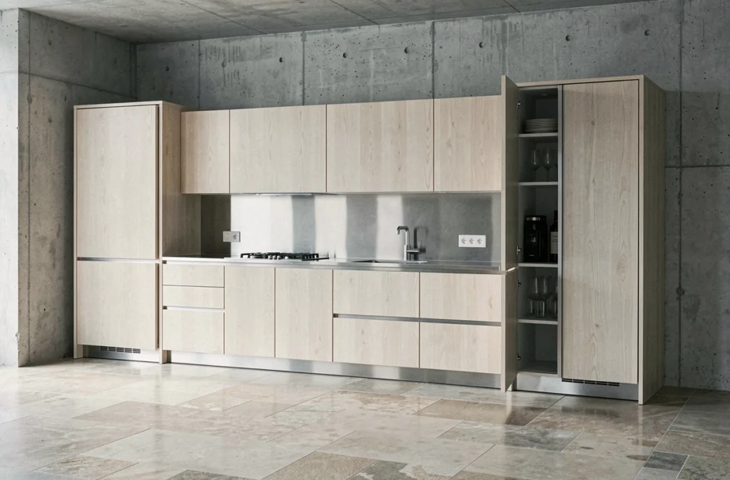 Cuisine haut de gamme Bulthaup épurée en bois cendré avec plan de travail en inox dans un espace architectural