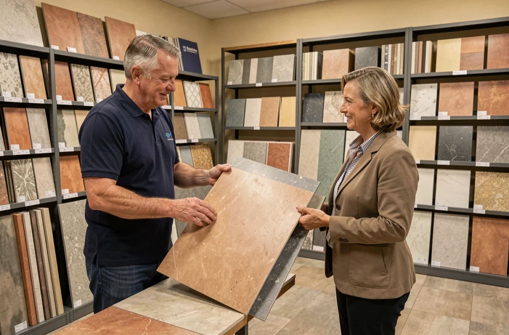Conseiller du Carrelage Stéphanois présentant des échantillons de carreaux à un client dans le showroom