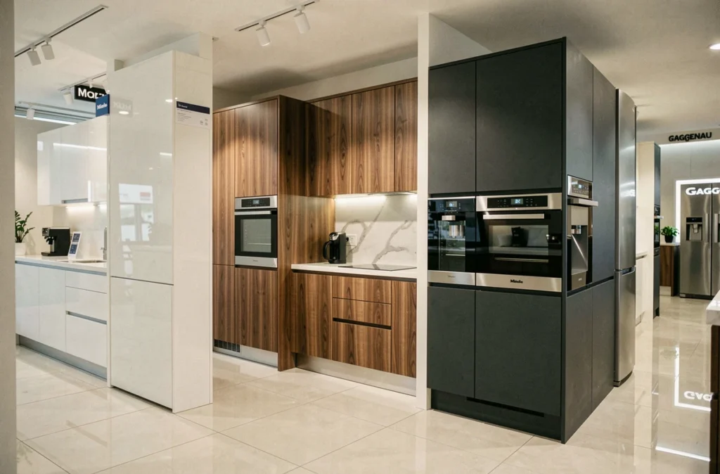Showroom Cuisine de Marque à Lille avec plusieurs cuisines haut de gamme exposées et appareils Miele et Gaggenau