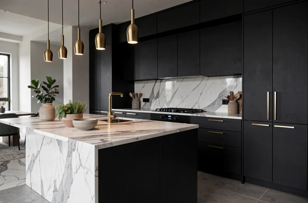 Cuisine design tendance avec îlot en marbre, façades noires et robinetterie dorée brossée
