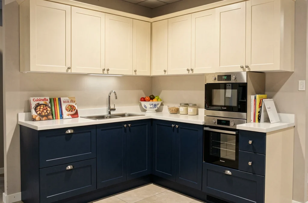 Cuisine Cuisinella Lille bicolore bleu marine et crème avec plan de travail en quartz et accessoires de cuisine