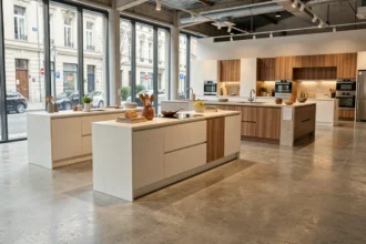 Vue d'ensemble d'un showroom de cuisinistes à Lille avec plusieurs cuisines modernes exposées