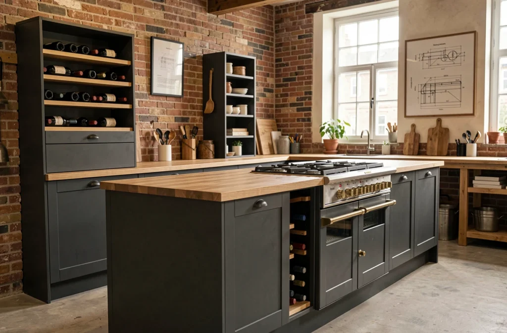 Cuisine Dubreucq en anthracite mat avec plan de travail en chêne massif et grande cuisine professionnelle à laiton