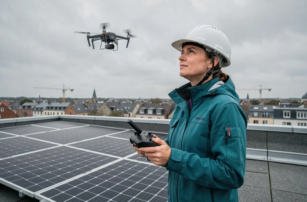 Ingénieure d'Eclipsys inspectant des panneaux solaires par drone sur un toit plat à Nantes en Loire-Atlantique