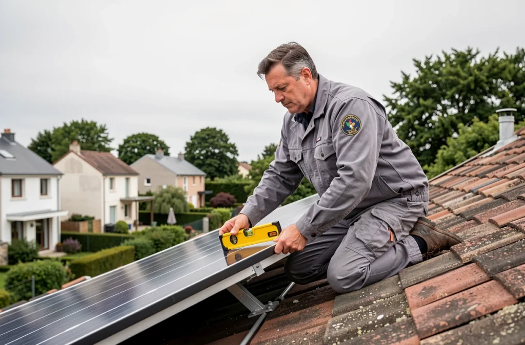Électricien d'EL 2D alignant précisément un panneau solaire sur rail de fixation sur un toit résidentiel en Loire-Atlantique