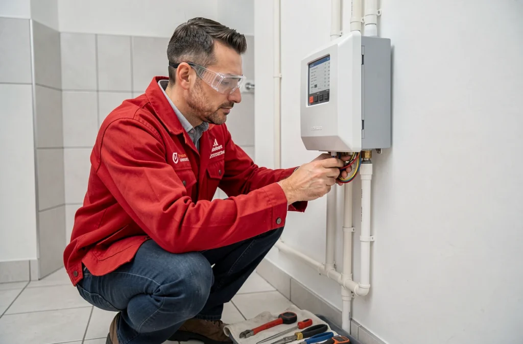 Électricien d'EMF câblant un onduleur solaire dans la pièce technique d'une maison moderne en Loire-Atlantique