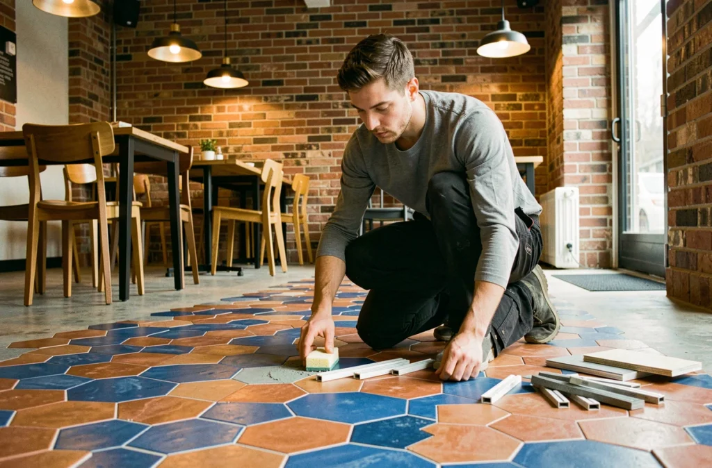 Carreleur de Forez Pose posant un carrelage hexagonal coloré dans un espace bistro contemporain