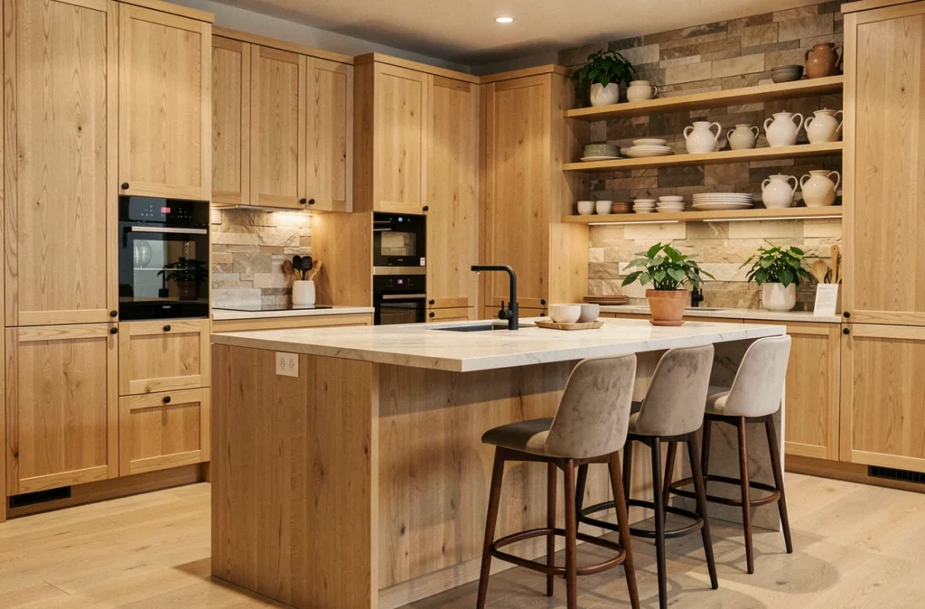 Showroom Franquart Concept avec cuisine en chêne naturel, îlot central et carrelage en pierre texturée