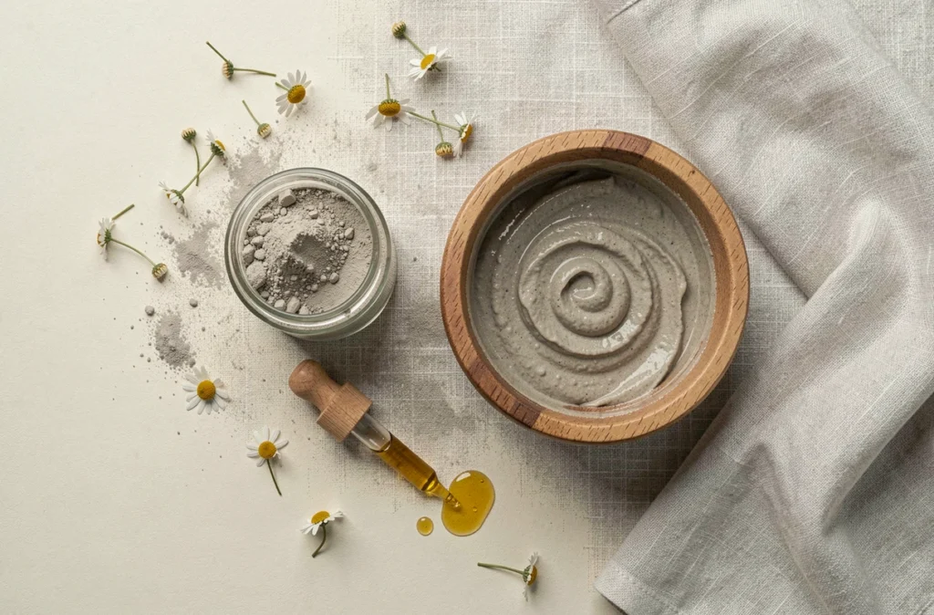 Pose à plat des ingrédients cosmétiques maison avec argile bentonite, bol en bois et fleurs séchées sur lin