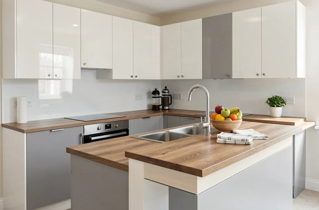 Cuisine Ixina Lille en blanc brillant et gris doux avec péninsule intégrée et plan de travail effet bois