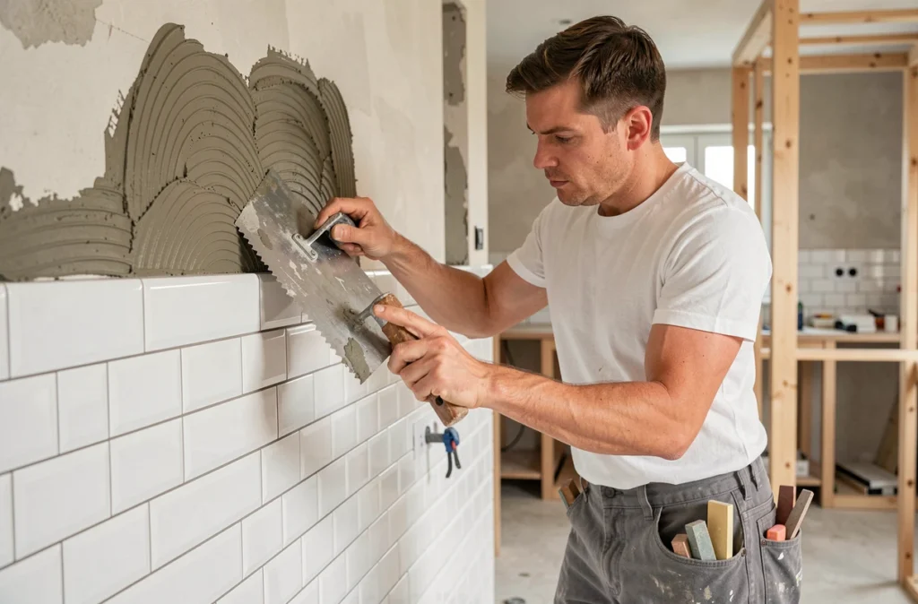 Kamel Yaya appliquant du mortier colle sur le mur d'une cuisine en cours de carrelage