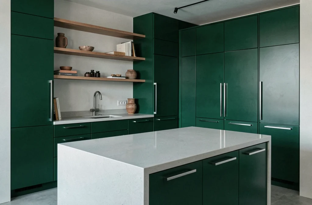 Cuisine Leicht Lille laquée vert forêt avec îlot en quartz gris pâle et design minimaliste allemand
