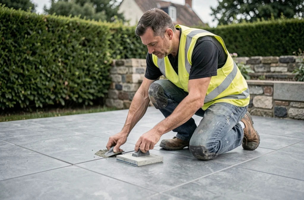 Carreleur de Loire Carrelage Services jointoyant une terrasse extérieure en grès cérame gris