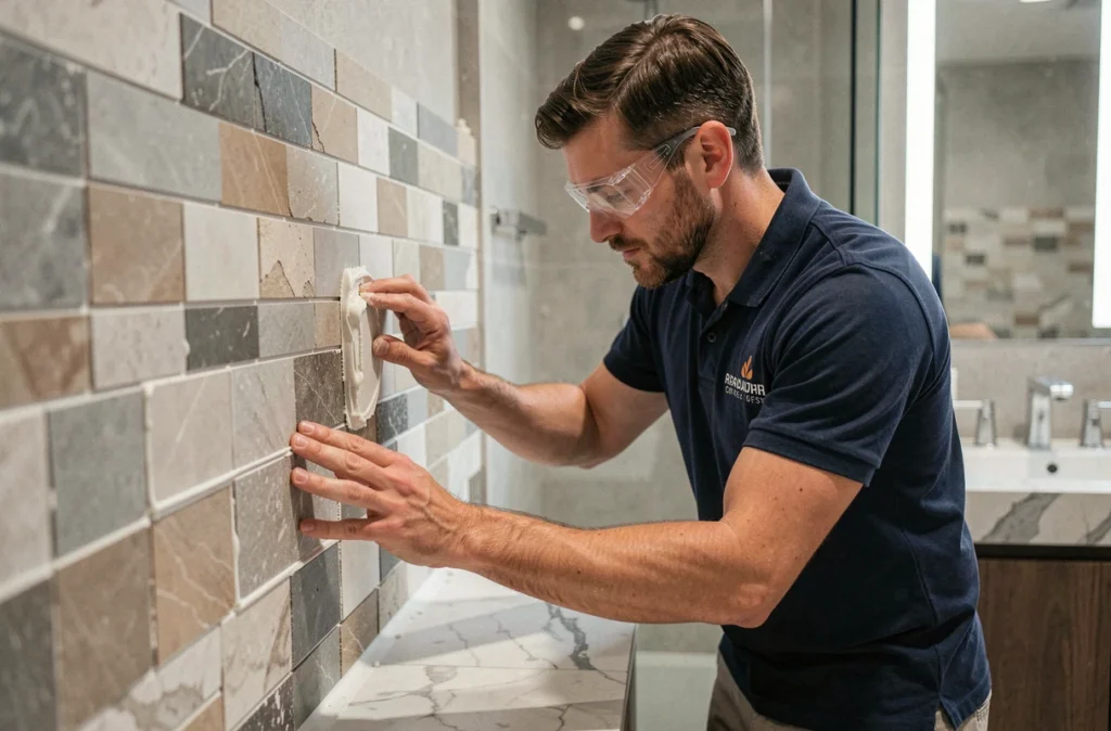 Artisan carreleur de LTR Création posant une mosaïque sur mesure dans une salle de bain haut de gamme