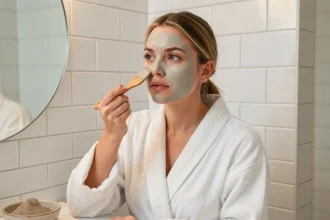 Jeune femme appliquant un masque à l'argile bentonite sur son visage dans une salle de bain minimaliste blanche