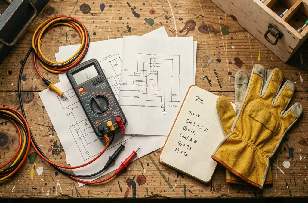 Vue en plongée d'un multimètre numérique réglé sur la mesure de résistance posé sur un établi en bois avec des câbles de test, un carnet de notes et des gants isolants