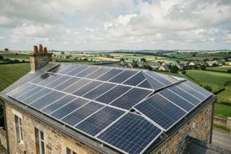 Vue grand angle de panneaux solaires installés sur une maison en pierre typique de Loire-Atlantique avec la campagne en arrière-plan