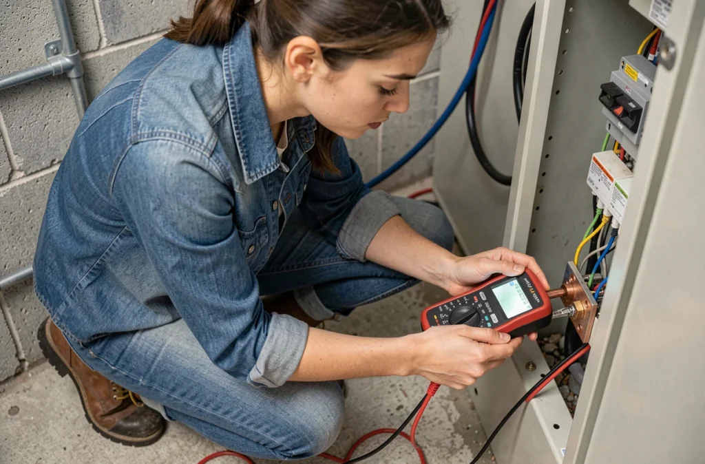 Jeune femme mesurant la mise à la terre d'un tableau électrique dans un garage avec un multimètre et des câbles de test rouge et noir