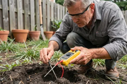 Homme mesurant la résistance de terre dans un jardin avec un multimètre numérique jaune et deux sondes plantées dans le sol humide