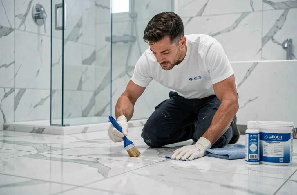 Finisseur d'Ondaine Finitions appliquant un scellant sur les joints d'un sol en marbre poli dans une salle de bain moderne