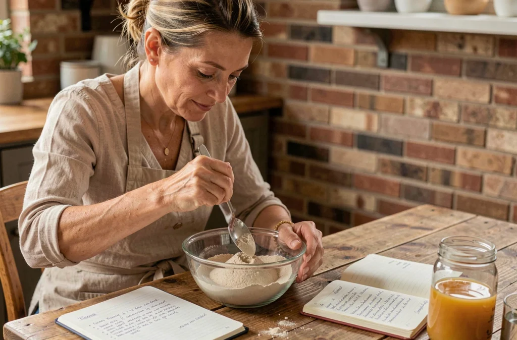 Femme préparant un soin cosmétique maison à l'argile bentonite dans une cuisine rustique avec cahier de recettes