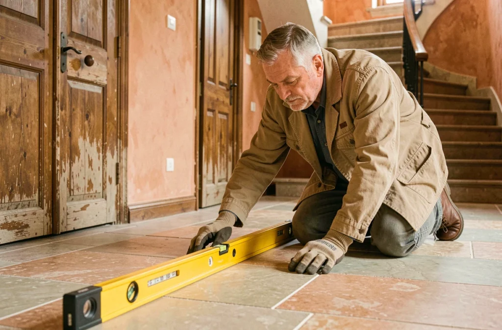 Artisan de Roche Carrelage alignant des dalles en pierre naturelle dans le couloir d'une ferme rénovée de la Loire