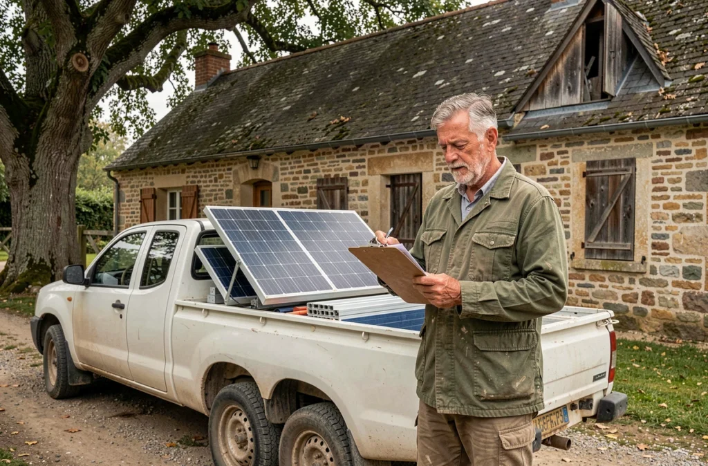 Artisan de SARL Guerin et Fils préparant le matériel photovoltaïque devant une ferme traditionnelle en Loire-Atlantique