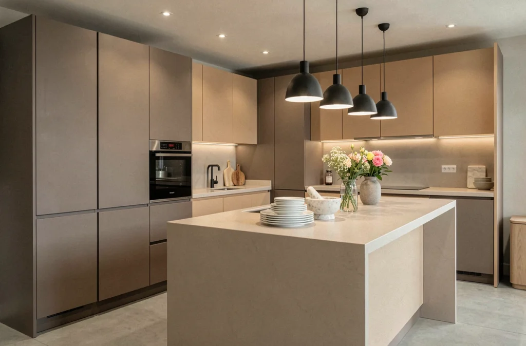 Cuisine Schmidt Lille en taupe et sable avec îlot central, appareils intégrés et accessoires soignés