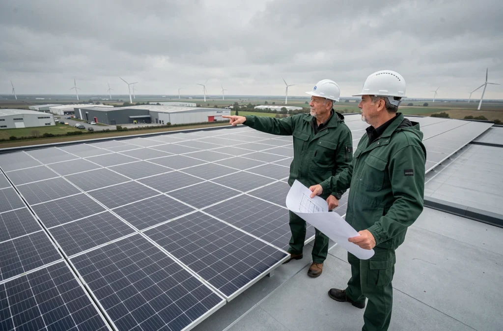 Deux techniciens de Solaren inspectant une installation solaire sur toiture commerciale en Loire-Atlantique
