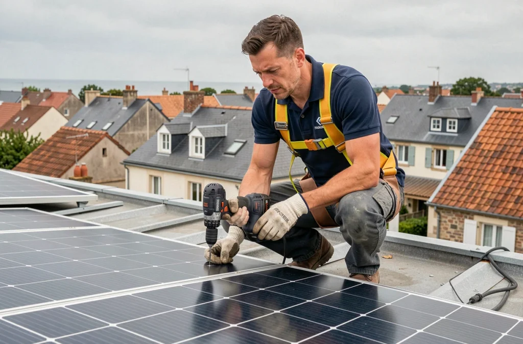 Technicien de TGC Énergie en train d'installer des panneaux photovoltaïques sur un toit résidentiel en Loire-Atlantique
