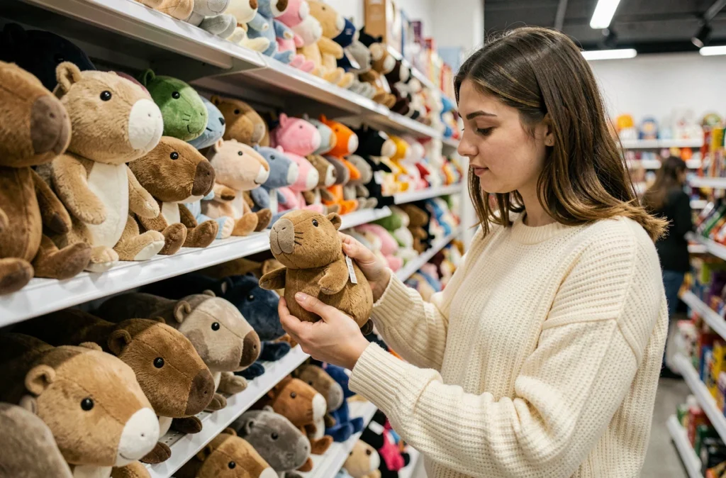 Jeune femme comparant des doudous capybara dans un magasin de jouets pour trouver le meilleur rapport qualité prix